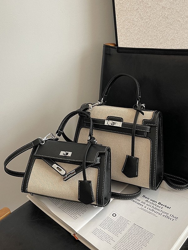 Bolso Kelly retro de alta gama para mujer, nuevo estilo transfronterizo de gran venta, patchwork de lino, colores contrastantes, bolso de hombro y bandolera.