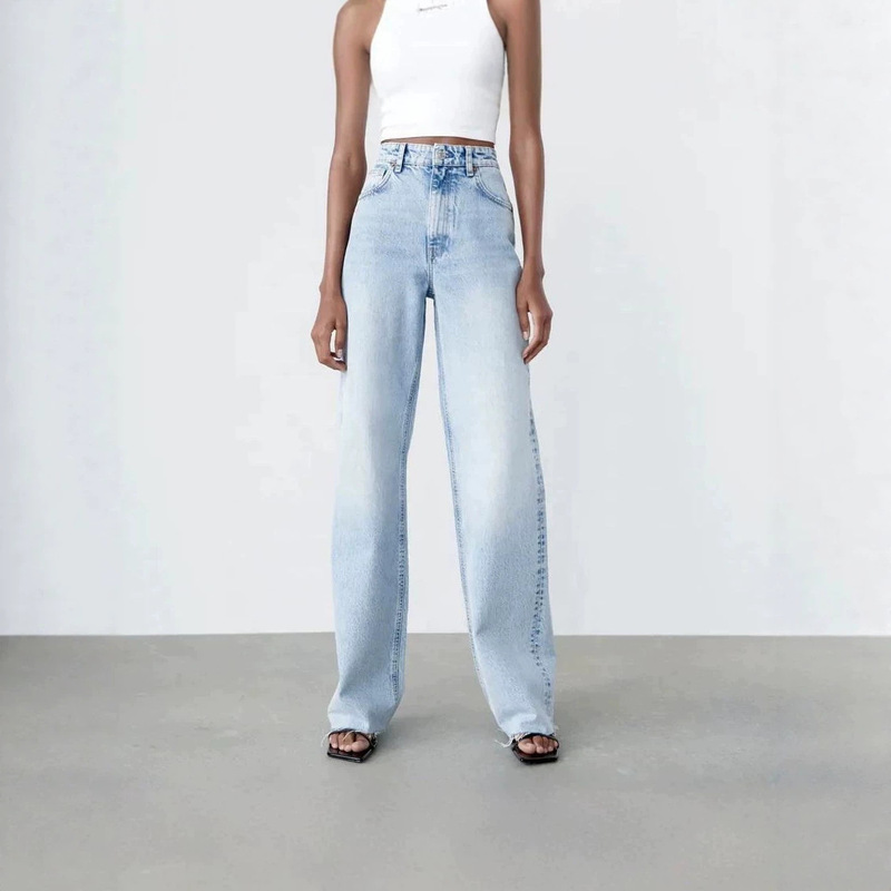 Customized High-Quality European and American Style Boyfriend Loose-Fit Bleached Wash Wide-Leg Jeans for Women Customized High-Quality European and American Style Boyfriend Loose-Fit Bleached Wash Wide-Leg Jeans for Women