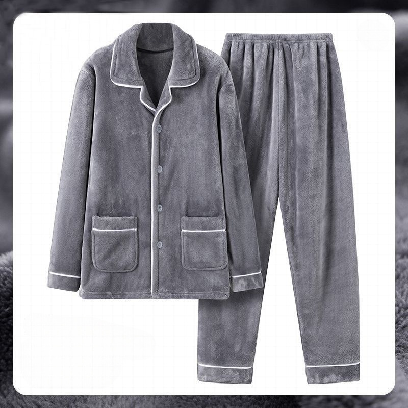 Transfronterizo hombre coral terciopelo pijama otoño y invierno grueso terciopelo cálido manga larga suelta franellas set de ropa para el hogar
