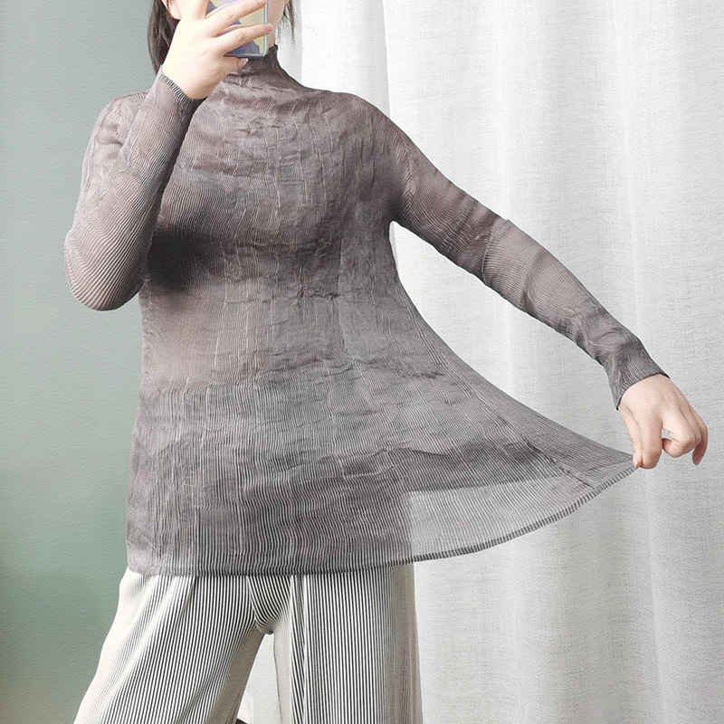 Lingying Pleated Top S015 Miyake Transparent Sexy Spring and Autumn T-Shirt Slim Fit Long Sleeve Sexy Silk Women's Top