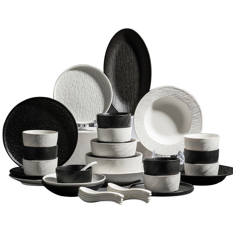 Dishware Set for Home Use, Simple and Luxurious Plates and Bowls, Japanese-Style Ceramic Tableware Set with a High-End Feel, Black and White Dinnerware Set