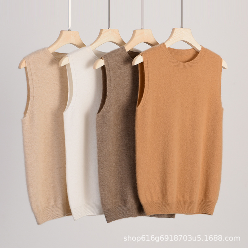 First-Line Sleeveless Pullover Vest Women's Spring and Autumn New Round Neck Wool Seamless Knitted Shirt for Outer Wear Stacked Waistcoat