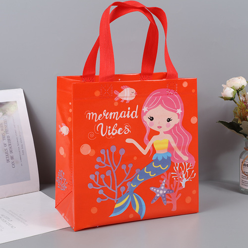 Shopee Cartoon Mermaid Non-Woven Student Book Storage Bag Cute Print Children's Stationery Portable Tote Bag