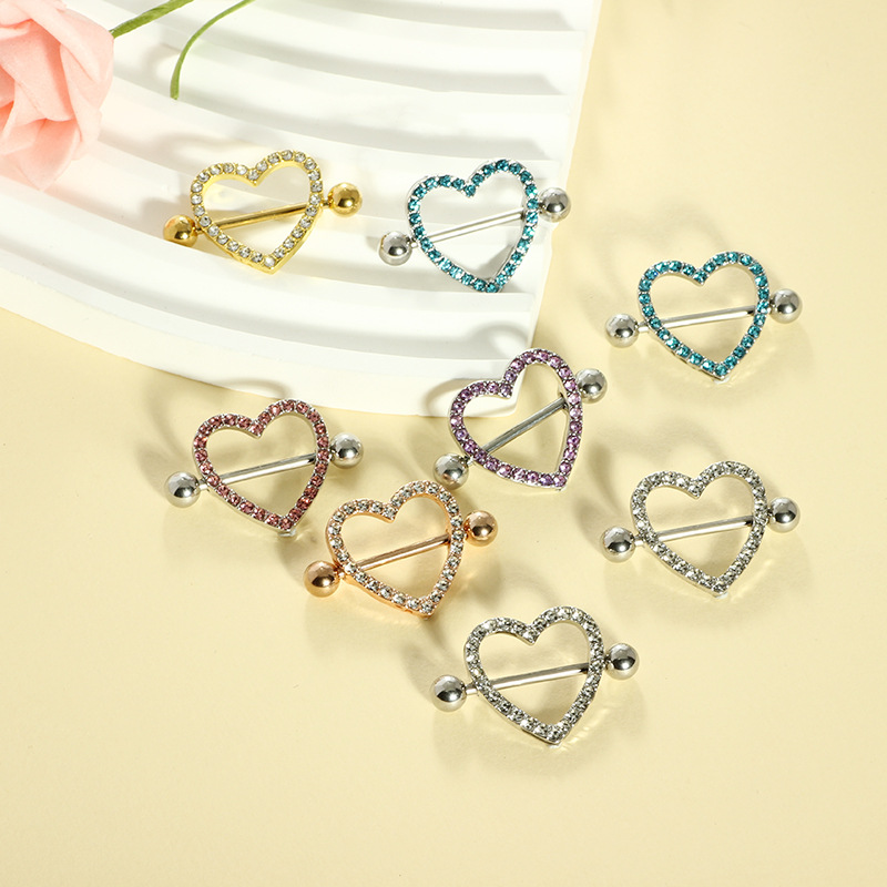 Double Diamond Love Heart Breast Piercing Ring - Seven Color Electroplated Stainless Steel Pair for Sale Wholesale detail image 7