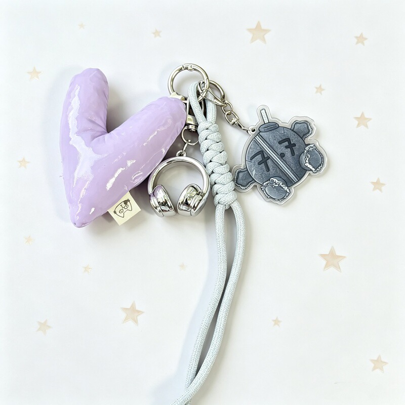 BTS acrylic keychain with purple filled heart, handmade woven knot bag pendant