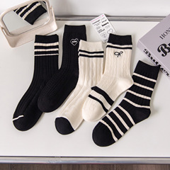 秋冬新款女士雙針羊絨襪刺繡時尚百搭保暖加厚柔軟透氣高筒條紋襪