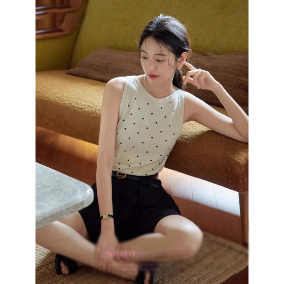 navy blue/creamy-white Wave Dot Vest Sling Women's Summer French Retro Sleeveless Outer Wear Top