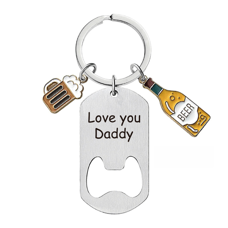 Cross-Border Amazon Hot Stainless Steel Keychain for Men, Engraved Keychain, Father Beer Bottle Opener