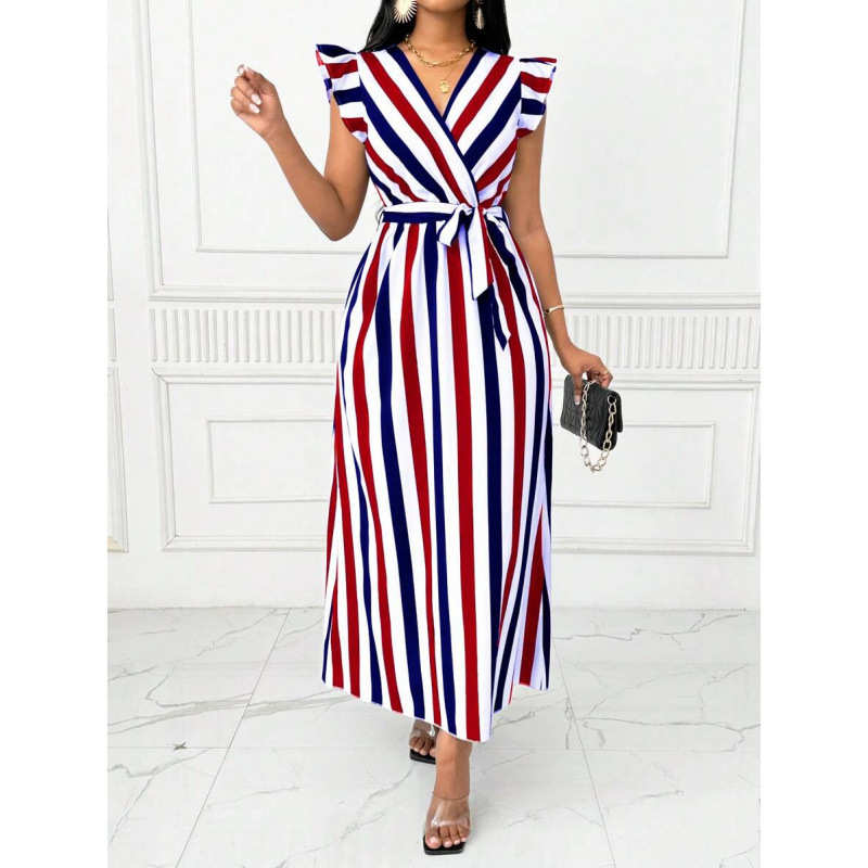 Cross-border Amazon European and American style fashion casual V-neck ruched flutter sleeve vintage striped long dress for women Cross-border Amazon European and American style fashion casual V-neck ruched flutter sleeve vintage striped long dress for women