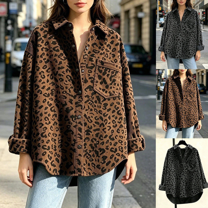 2026 Autumn/Winter European and American Cross-Border Vintage Leopard Print Corduroy Collar Loose Casual Long Sleeve Shirt Jacket for Women