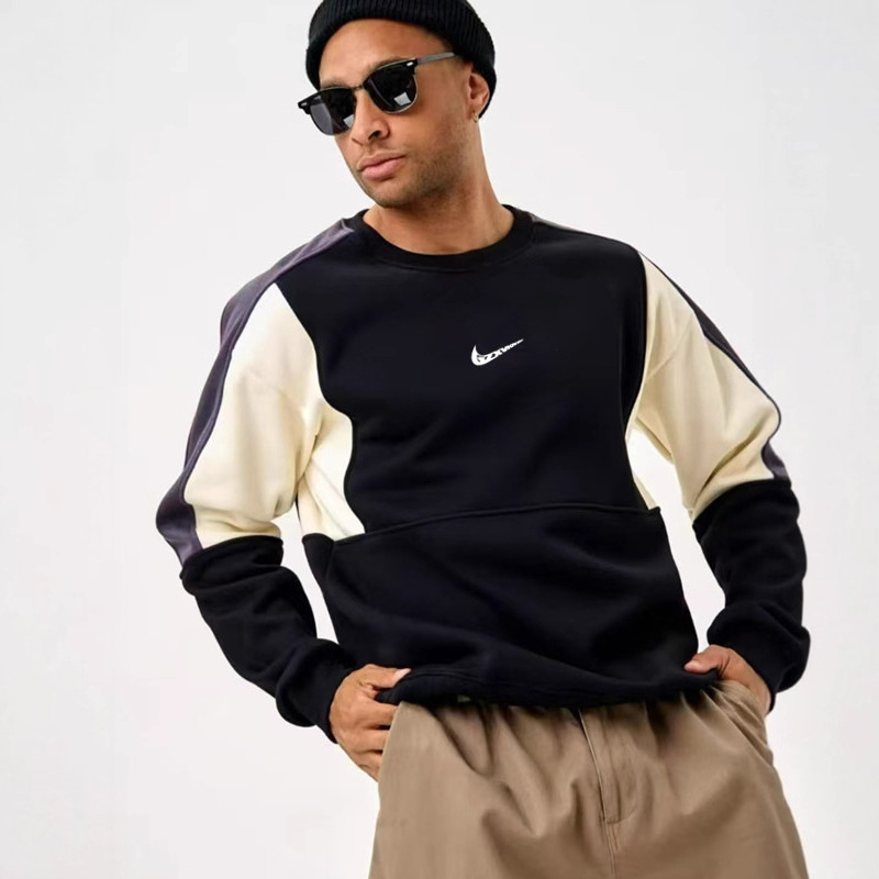 Trendy Loose Hooded Sweatshirt for Men, Spring and Autumn Heavy Color-Blocking Long-Sleeve Hong Kong Style Base Shirt, Ins Round Neck Top