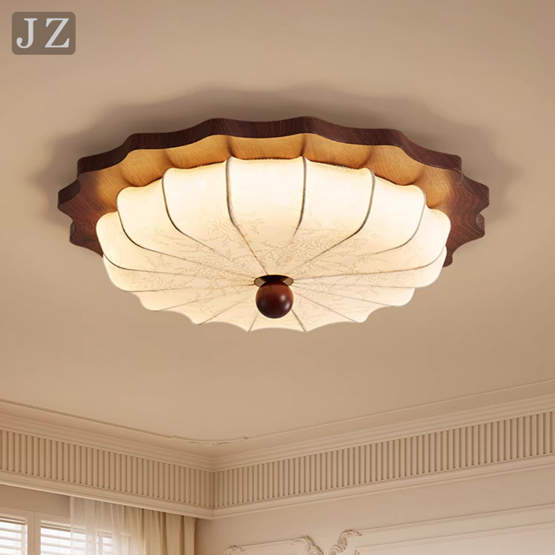 French Middle Style Bedroom LED Ceiling Lamp Retro Creative Living Room Lamp Flower Shape Fabric Eye Protection Master Bedroom Lamp