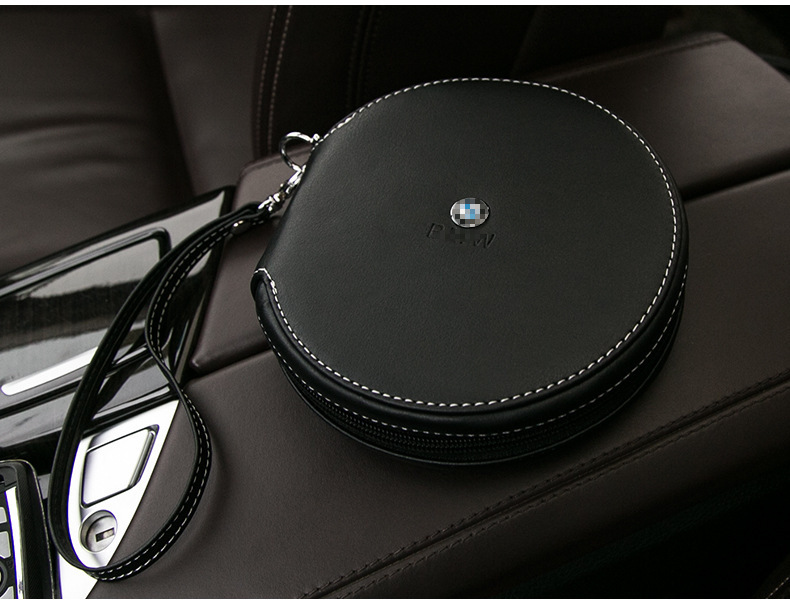 Car CD holder with car logo, genuine leather CD case, suitable for Mercedes-Benz, Volkswagen, Toyota, and Chevrolet; can be decorated with rhinestones; car accessories