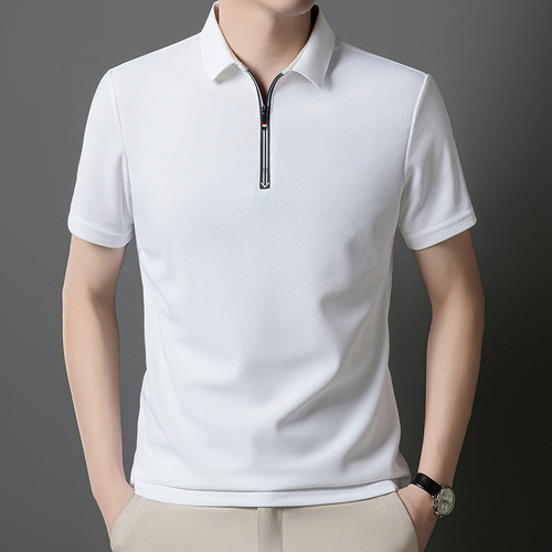 Summer Men's Short-Sleeve Chiffon T-Shirt with Zipper Decoration, Suitable for Middle-Aged Men, Collared Casual Trendy Top