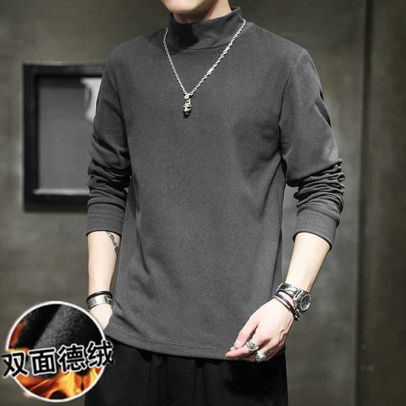 Футболка с коротким воротником и длинными рукавами Мужской теплый топ Осенне-зимняя Базовая рубашка из флиса Черный осенний свитшот с флисовой подкладкой