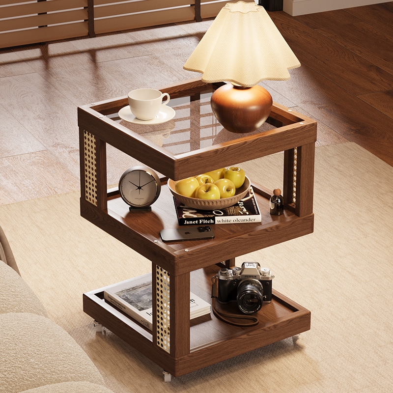 Mobile Bedside Table Solid Wood Simple Bedroom Bedside Storage Cabinet Rattan Bedside Cabinet Household Simple Storage Rack