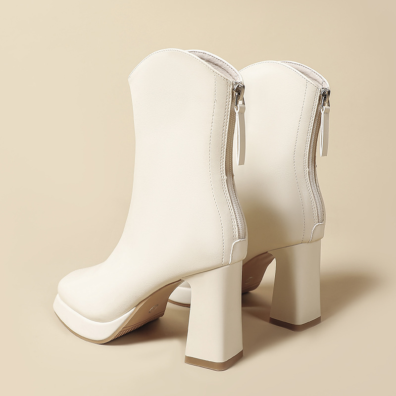 French style short boots for women, heels, thick heel, waterproof platform, back zipper, 2024 new Korean version, autumn_voghion.com