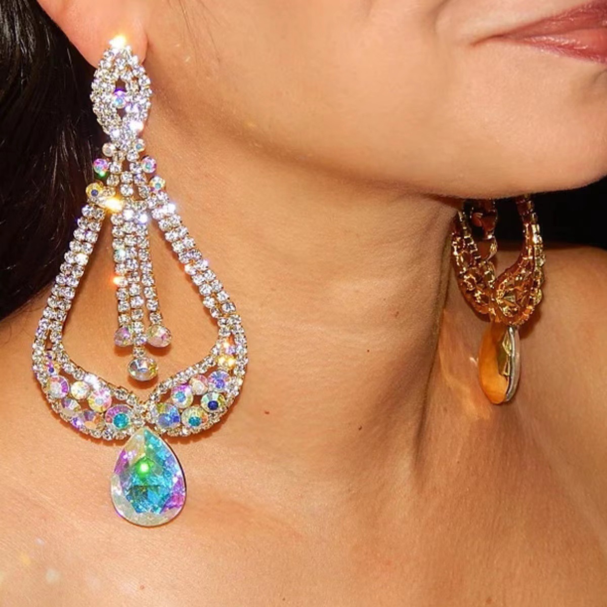 Fashionable with exaggerated personality, AB colored diamond ea, shiny and full of diamonds, sexy water droplet_voghion.com