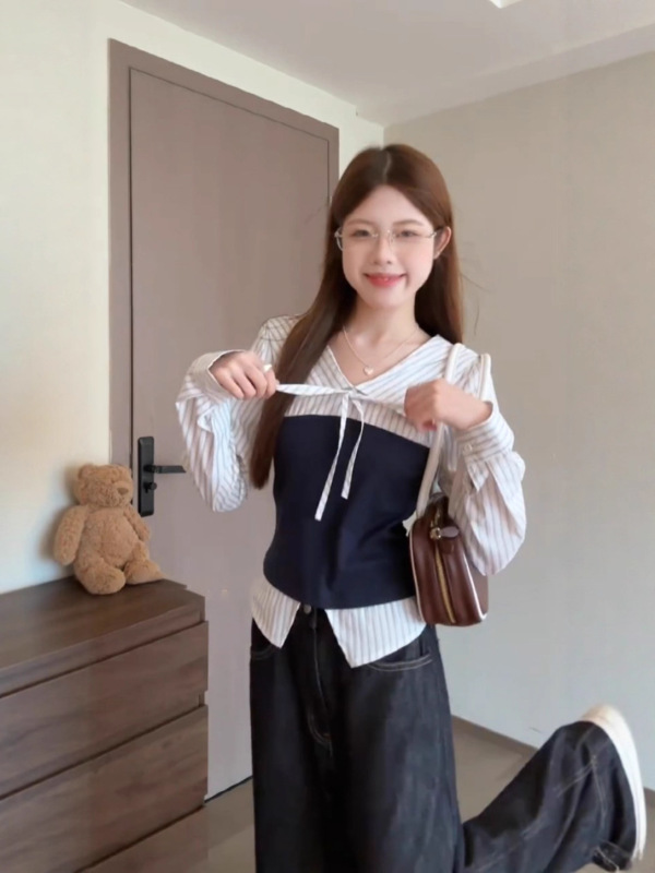 韩系条纹撞色系带翻领衬衫女秋季小众设计感别致修身显瘦长袖上衣|undefined