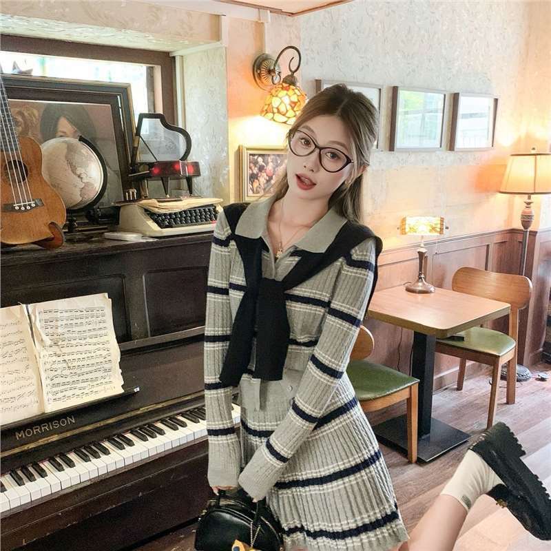 韩系翻领条纹针织裙子套装上衣开衫配伞裙修身时尚宽松半身裙两件