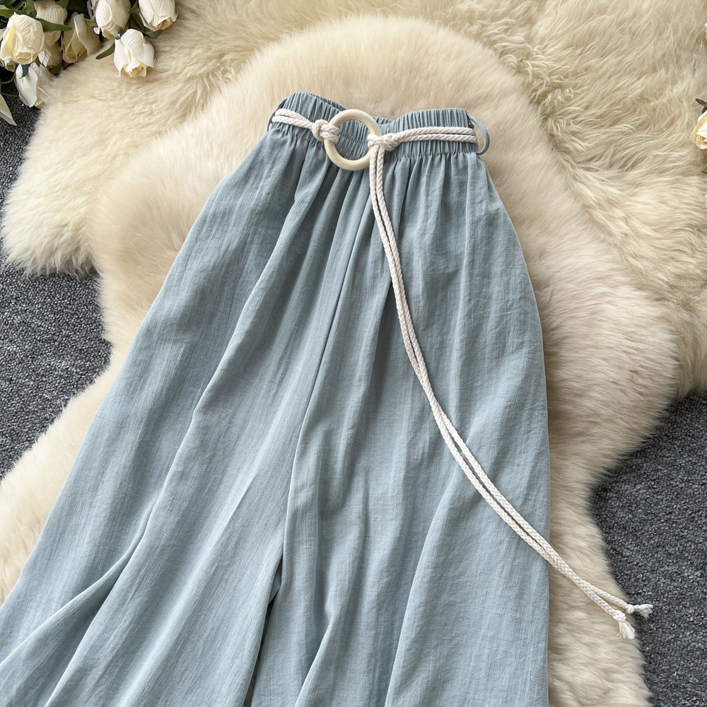 Women's High-Waisted Wide-Leg Trousers Tie Waist Retro Commuter Style Flowy Drapery Relaxed Fit Casual Pants_ecoleips.com