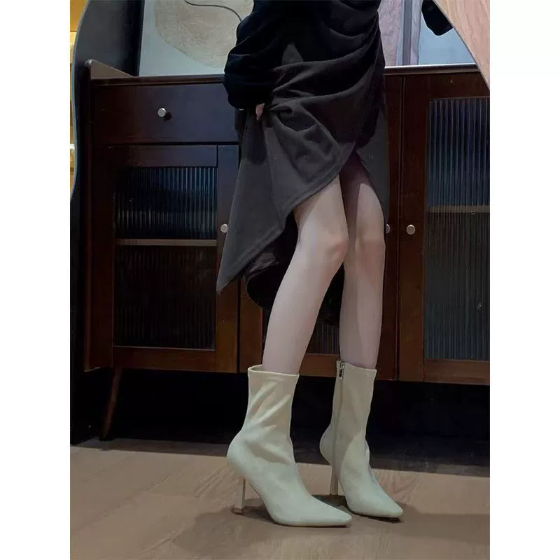 Модные носки сапоги с заостренным каблуком эластичные короткие сапоги женщины 2024 осень новая корейская версия на высоком каблуке тонкие белые тощие сапоги