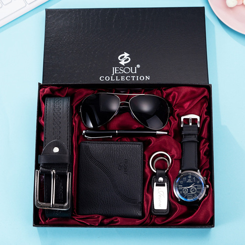 Men's watch set gift fake two-eyed quartz watch glasses + belt + wallet + keychain + + pen set
