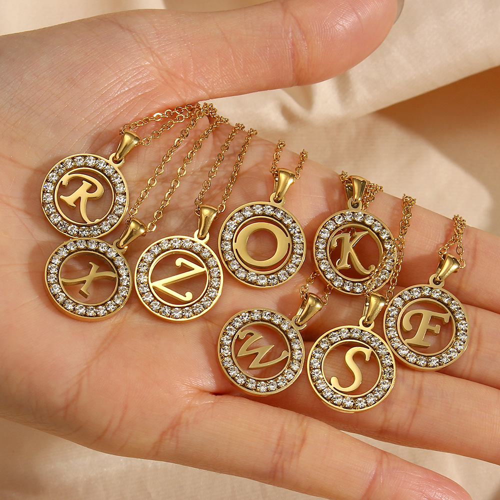 Fashion New Letter Pendant Plated 18K Inlaid Zirconium Hollow round Stainless Steel Necklace