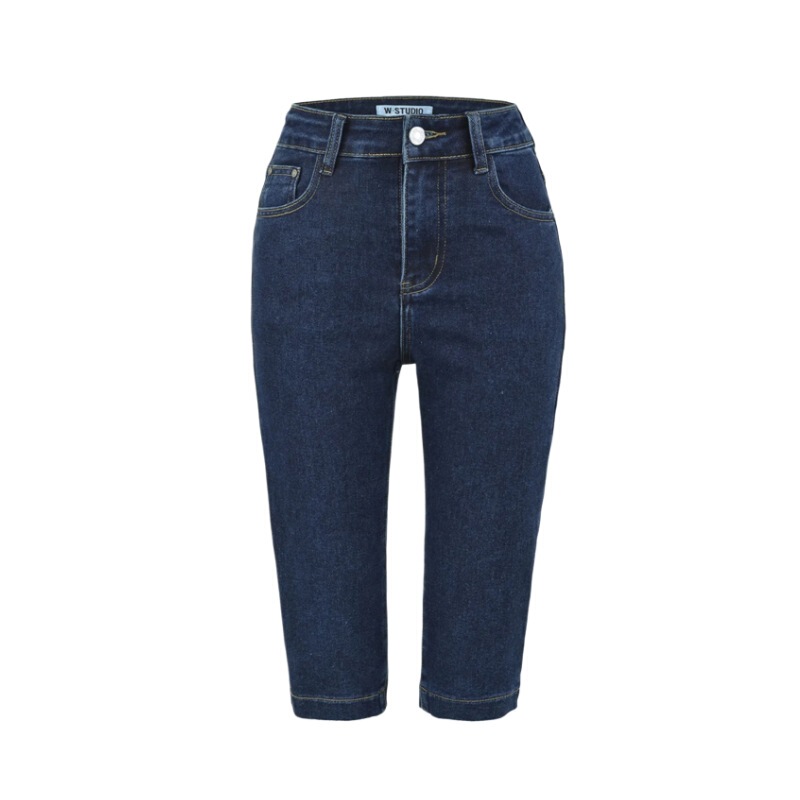 European and American Style Retro High-Waisted Tight-Fitting Cropped Pants for Women, Kendall Jenner Style Solid Color Capri Stretch Slim-Fit Hip-Hugging Jeans