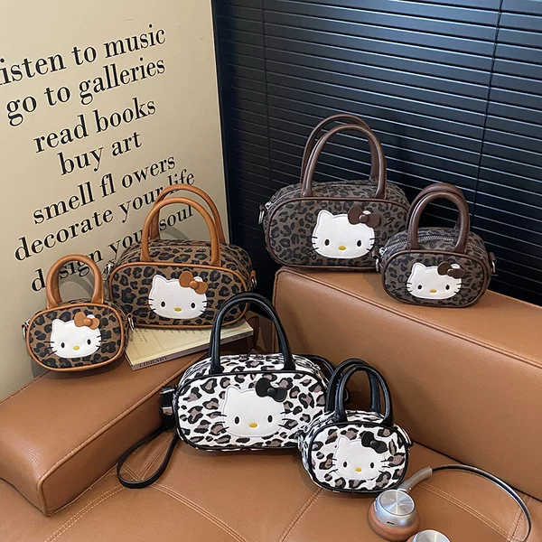 Korean Version Cartoon Cute Cat Single Shoulder Handbag for Women, Parent-Child Niche Commuter High-End Leopard Print Children's Crossbody Bag Trendy