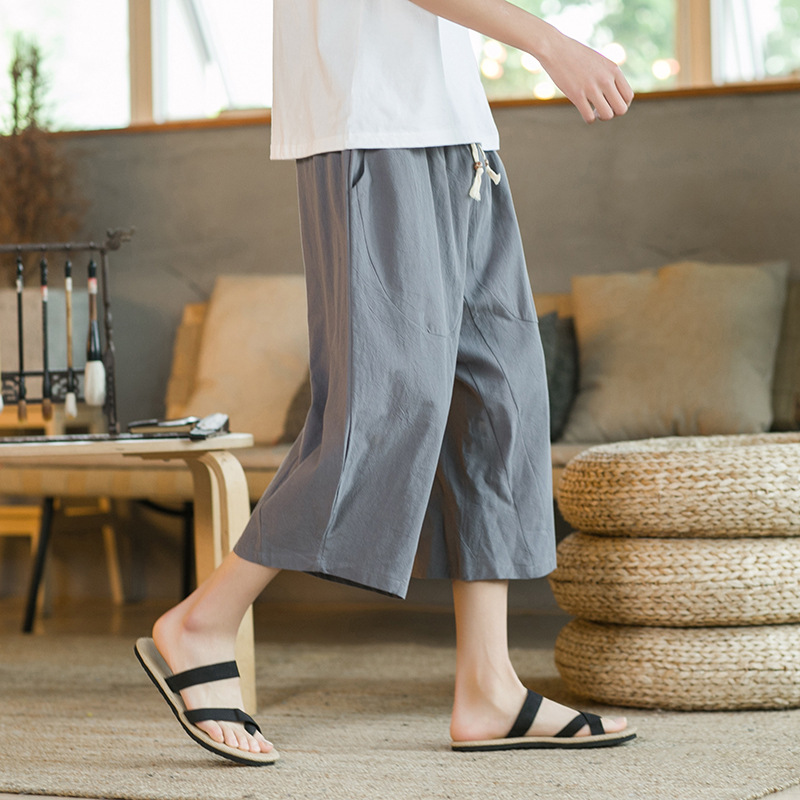 Summer Cropped Pants Men's Linen Casual Pants Chinese Style Loose Large Size Harem Pants Cotton and Linen Beach Cropped Pants 2024