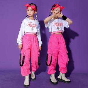 Children girls pink with white jazz hiphop rapaper dance outfits long sleeve short sleeve gogo dancer model show catwalk dance clothes for kids