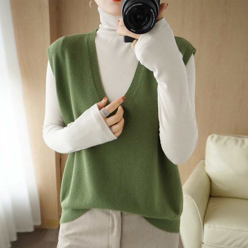 Multicolor Spring & Fall Loose Large V Neck Wool Knitted Sleeveless Vest Korean Style Pure Color Age-Reducing Casual Women's Vest