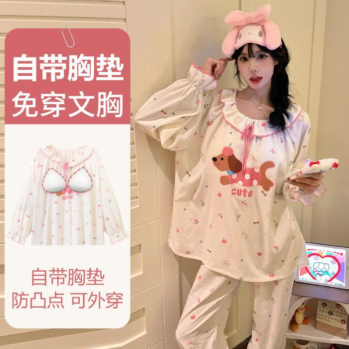 Pijamas al por mayor transfronterizos otoño nuevo estilo francés nubes de algodón cinturón almohadilla de pecho dulce borde de loto ropa de hogar para estudiantes