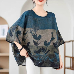 Plus Size Cotton and Linen T-Shirt Women's Middle-Aged and Elderly Mother's Clothing Summer Retro Ink Shirt Loose Slimming Look Short-Sleeved Top