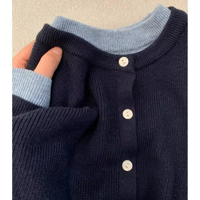 2025 новый элитный женский свитер-жакет темно-синего цвета, осенне-зимний, свободный, универсальный, имитирующий двухслойный трикотаж.