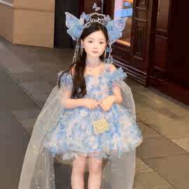 女童蓝色蝴蝶生日公主蓬蓬裙5新儿童主持走秀花童礼服裙