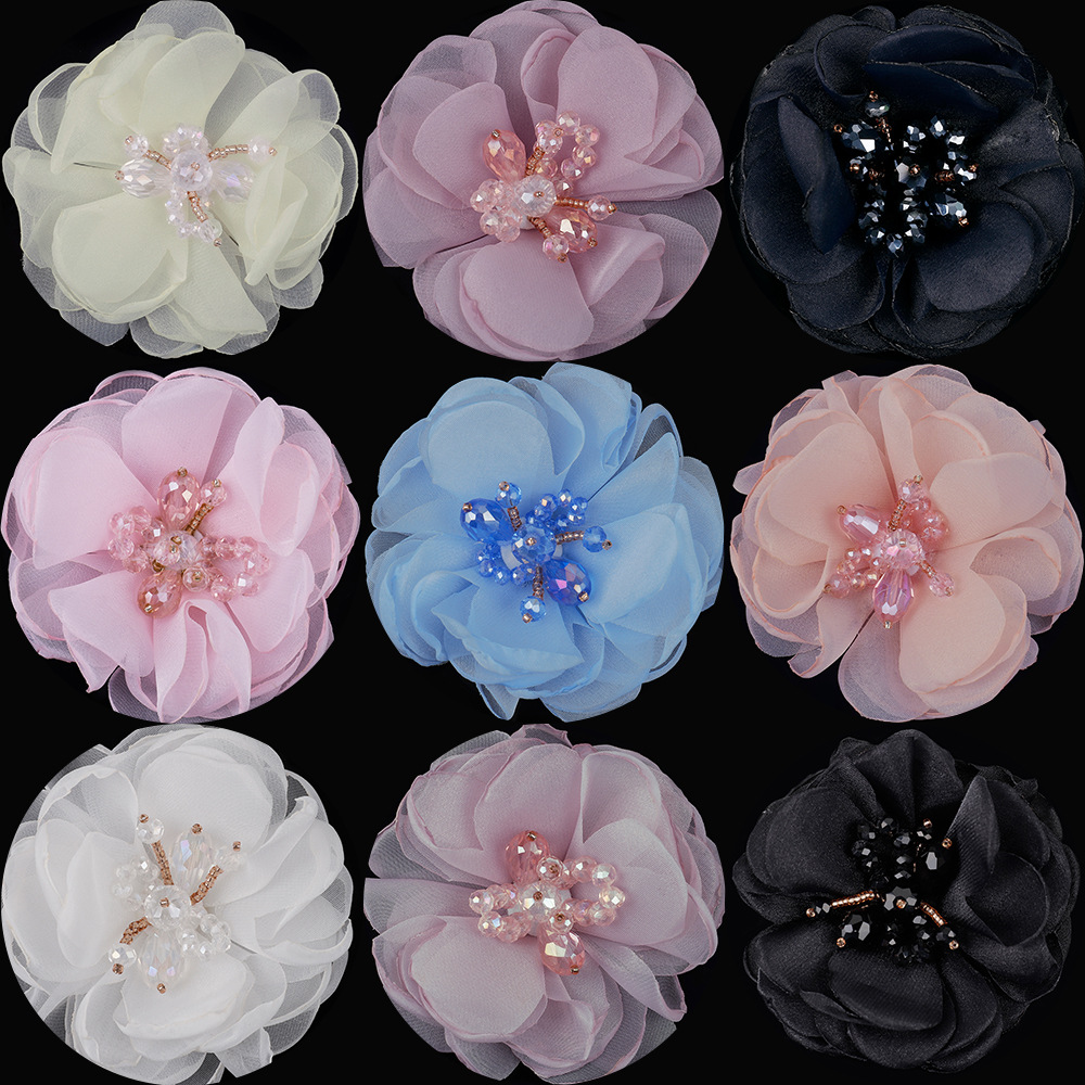 Wholesale 8cm Chiffon Flower Kids' Hair Accessories – Hand-Sewn Rhinestone-Encrusted Large Floral Headpieces for Wedding Dresses & Corsages