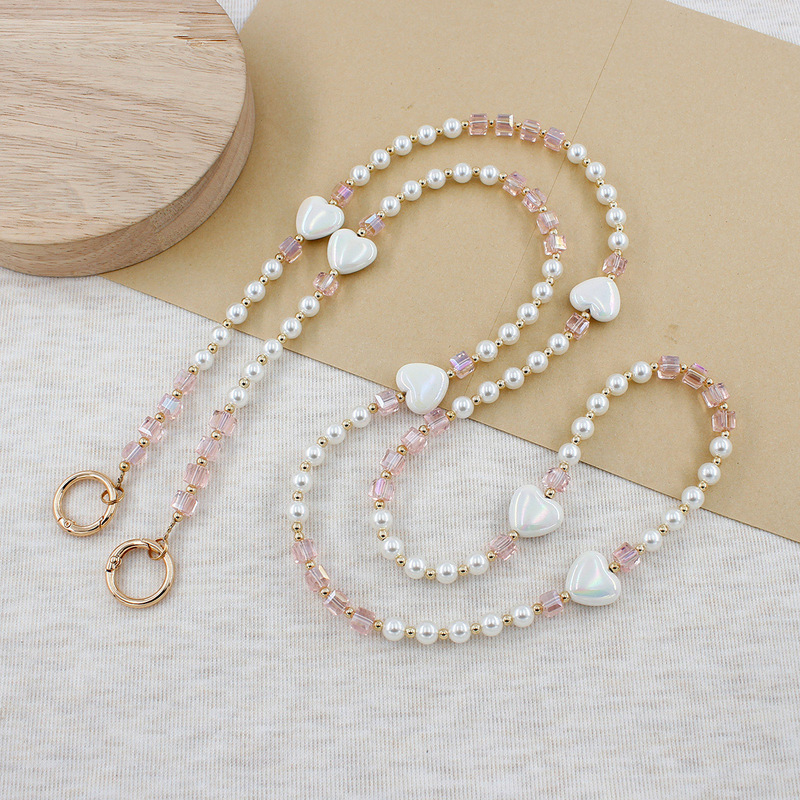 Cross-border square crystal long phone chain, Chanel-style pearl heart-shaped phone strap, shoulder chain, bag chain Cross-border square crystal long phone chain, Chanel-style pearl heart-shaped phone strap, shoulder chain, bag chain