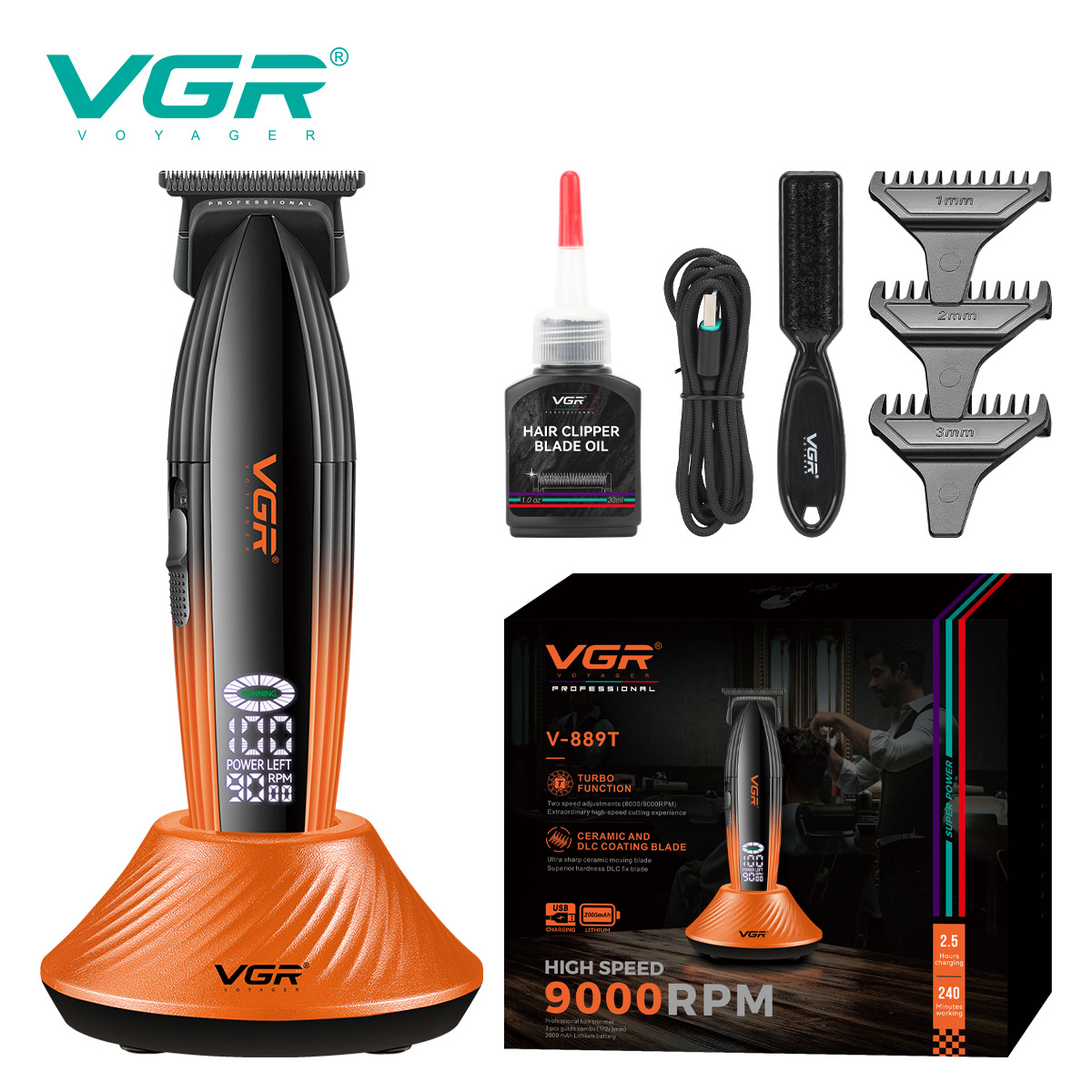 VGR889T跨境新款理发器带底座充电双速调节数显高转速9000RPM推剪