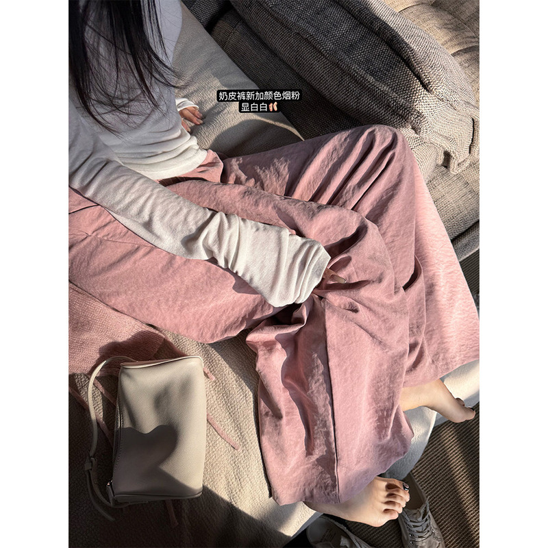 Superniniyy Micro-Wrinkled Texture Milk Leather Pants, Lazy Loose Fit, Slimming Drawstring Wide-Leg Casual Pants for Women