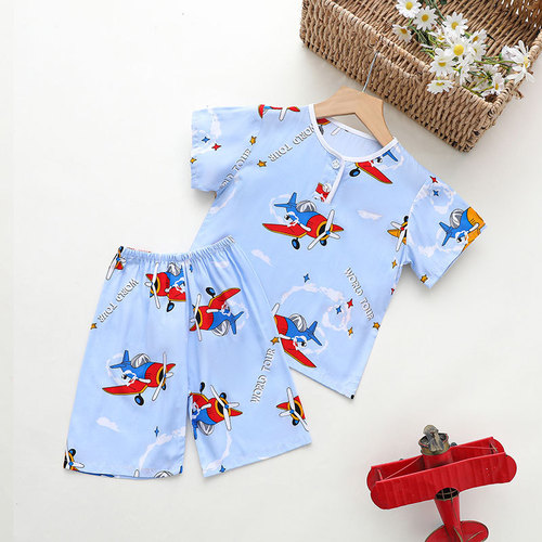 Children's Summer Pajama Set for Boys and Girls, Cotton Silk Home Wear Suit, Thin for Baby, Long Sleeve Air Conditioning Shorts