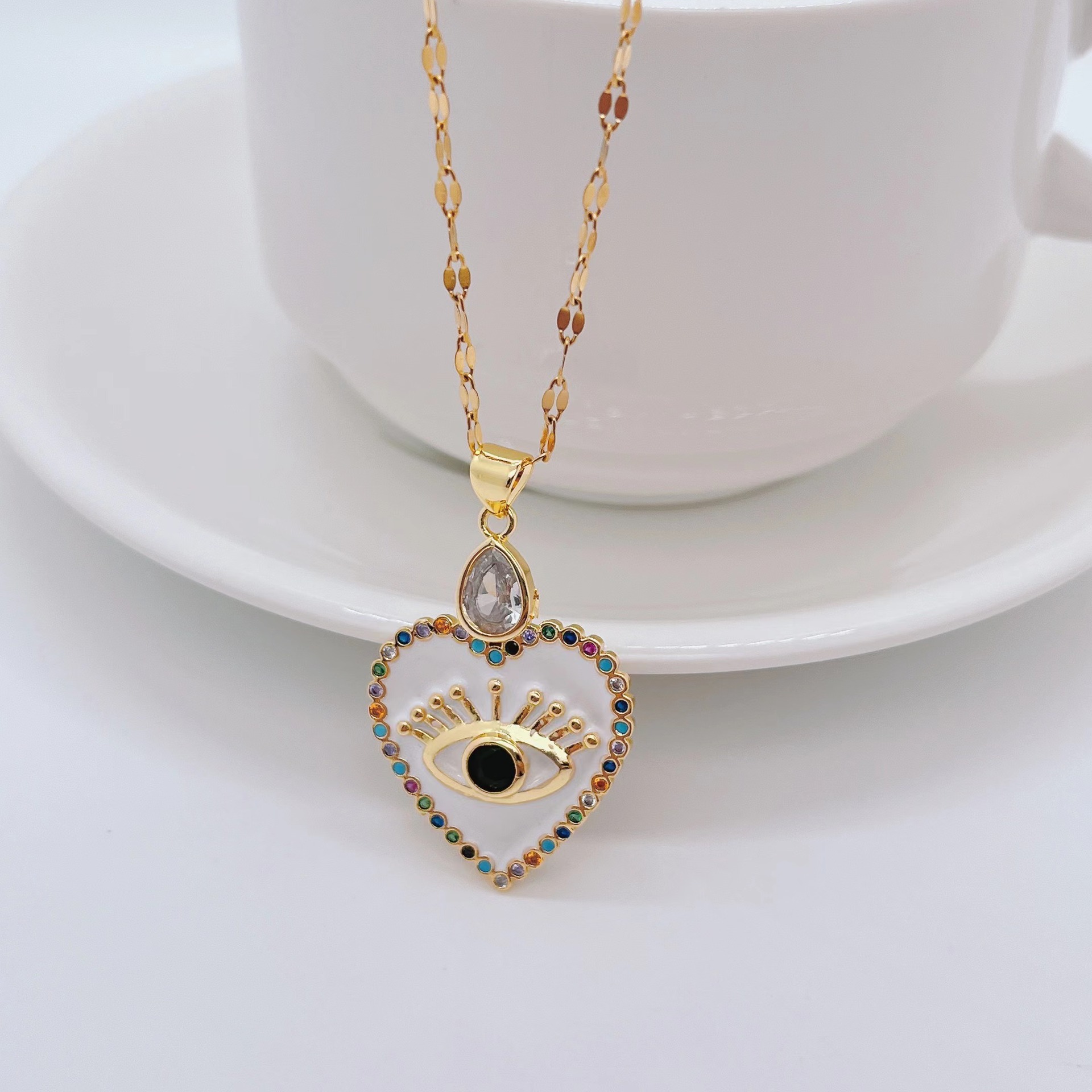 Vacation Devilu0027S Eye Heart Shape Titanium Steel Necklace Inlay Artificial Pearls Zircon Stainles
