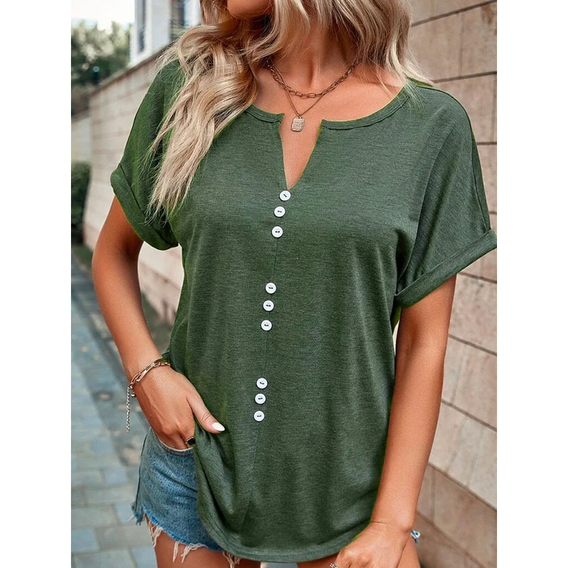 Women's T-shirt Short Sleeve T-shirts Patchwork Button Casual Solid Color display picture 3