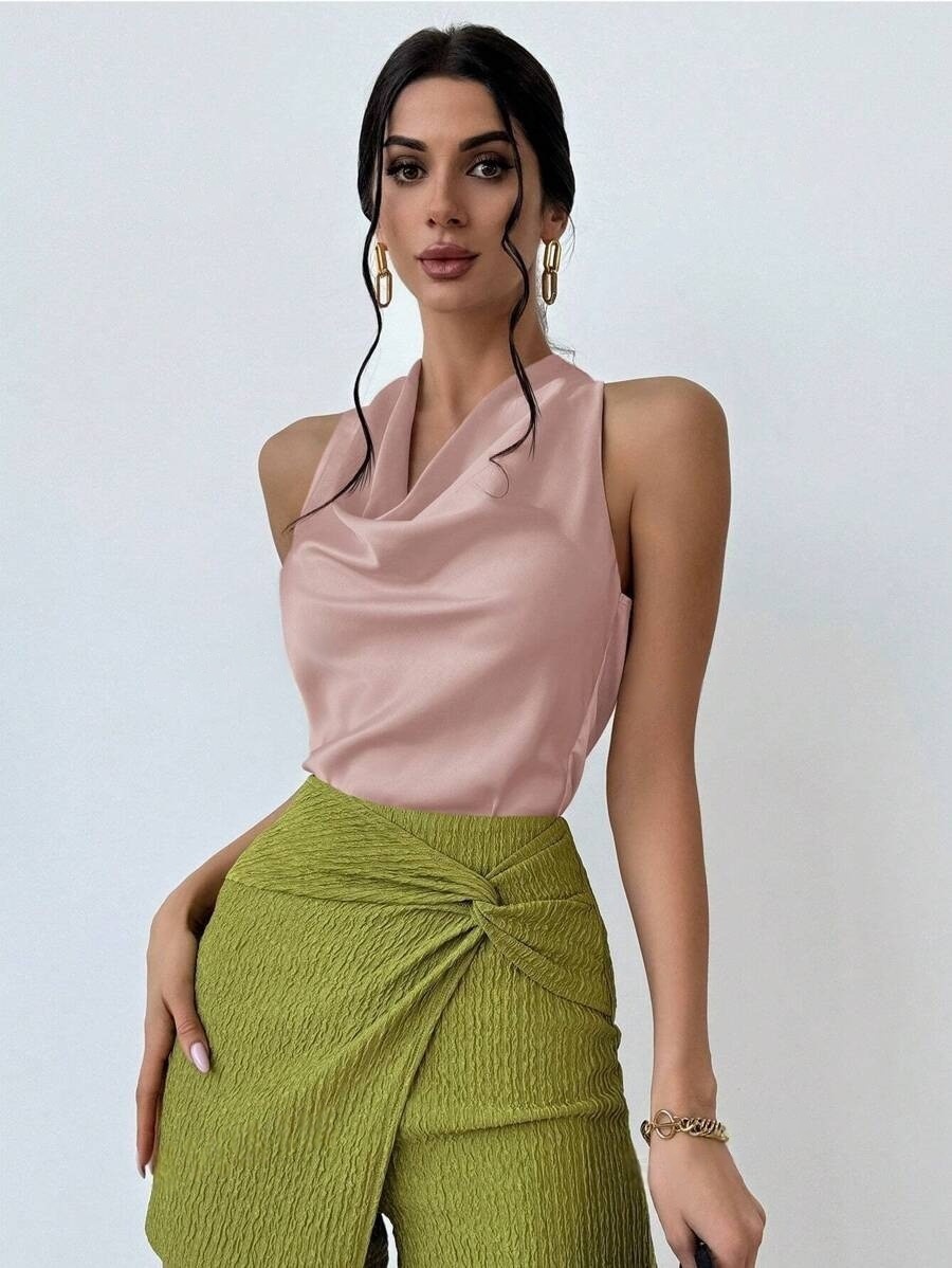 Ärmellose Damen Satinbluse Elegantes Business Oberteil Für Sommer_voghion.com