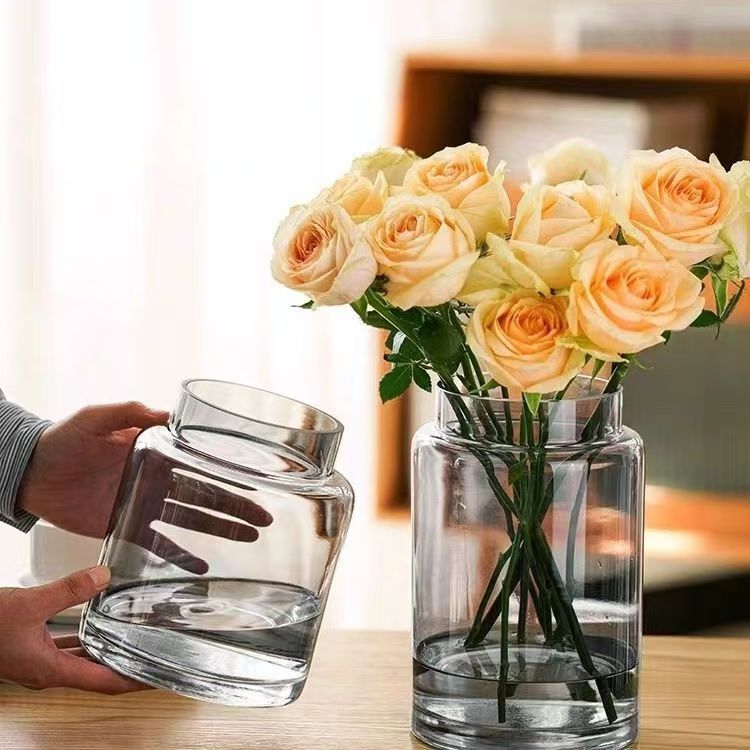 Decoración de vasos de flores para la sala de estar, vidrio ligero de lujo, alta calidad, mesa de comedor retrógrada transparente, rosa hidropónica baja, boca ancha