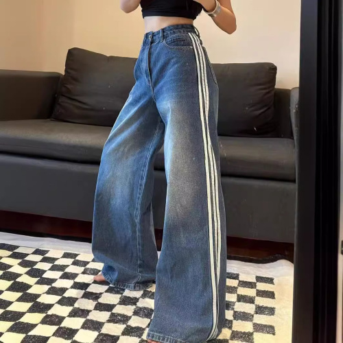 American Retro Side Striped Washed Denim Jeans for Women Spring High-Waisted Straight Leg Loose Slimming Floor-Long Pants