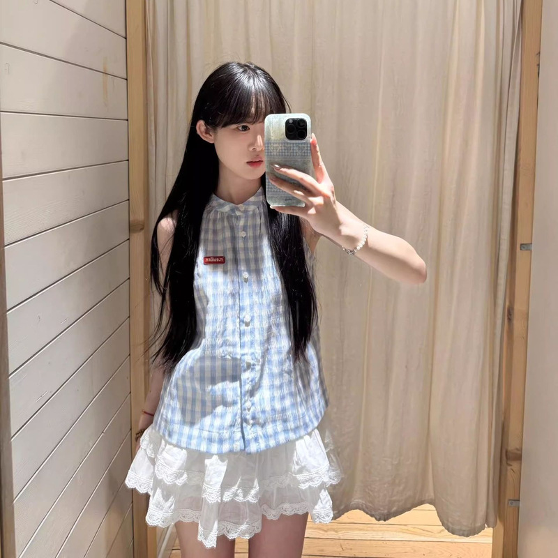French-Style Design Blue Plaid Shirt Vest for Petite Women, Summer Sleeveless, Chic and Unique Casual Women's Top French-Style Design Blue Plaid Shirt Vest for Petite Women, Summer Sleeveless, Chic and Unique Casual Women's Top