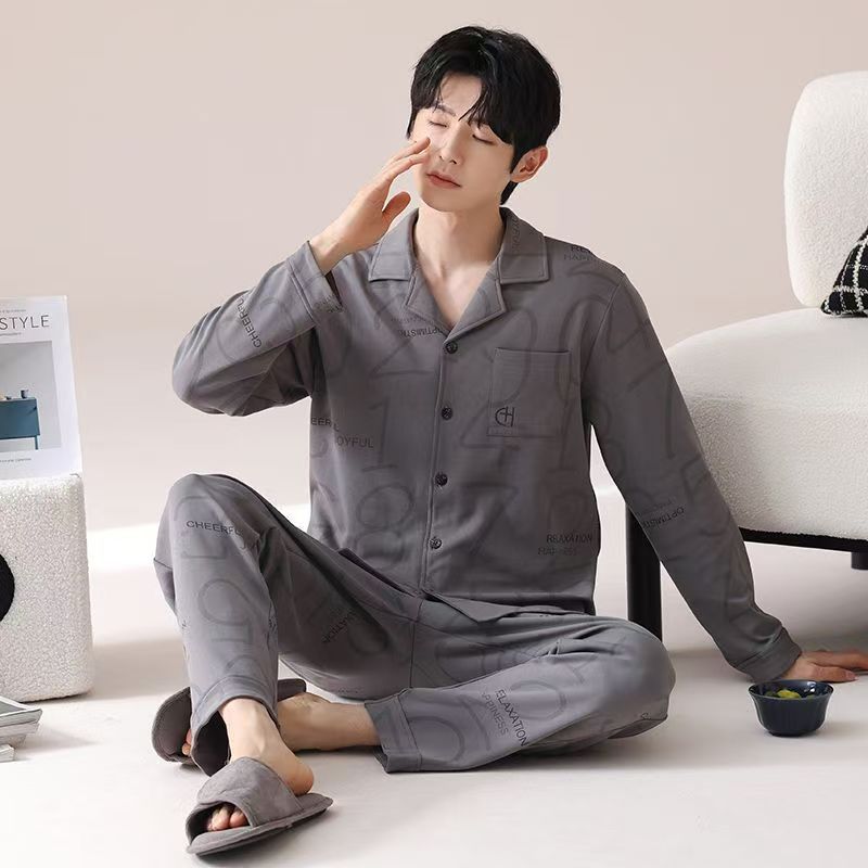 100% algodón de los hombres pijamas primavera y otoño pantalones de manga larga más tamaño suelto Otoño e Invierno traje homewear