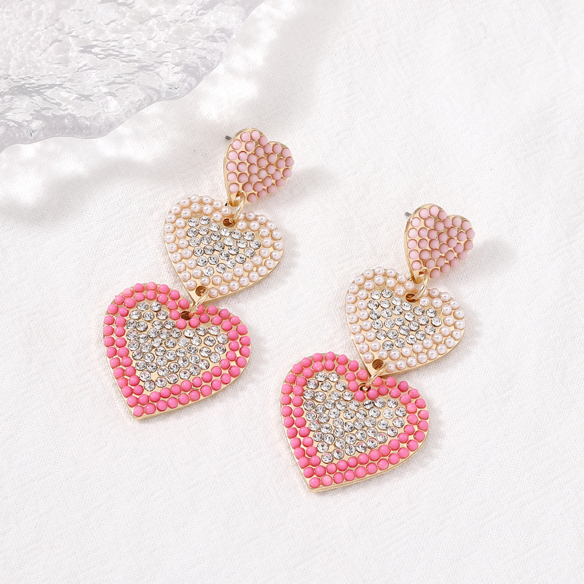 Heart Shape Pattern 1 Pair Cute Sweet Heart Shape Inlay Alloy Artificial Pearls Rhinestones Drop Earrings